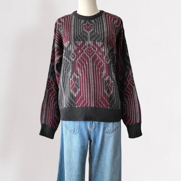 Vintage 80s Jacquard Sweater Grandpacore Dark Academia Art Deco Geometric Knit L - Picture 6 of 10